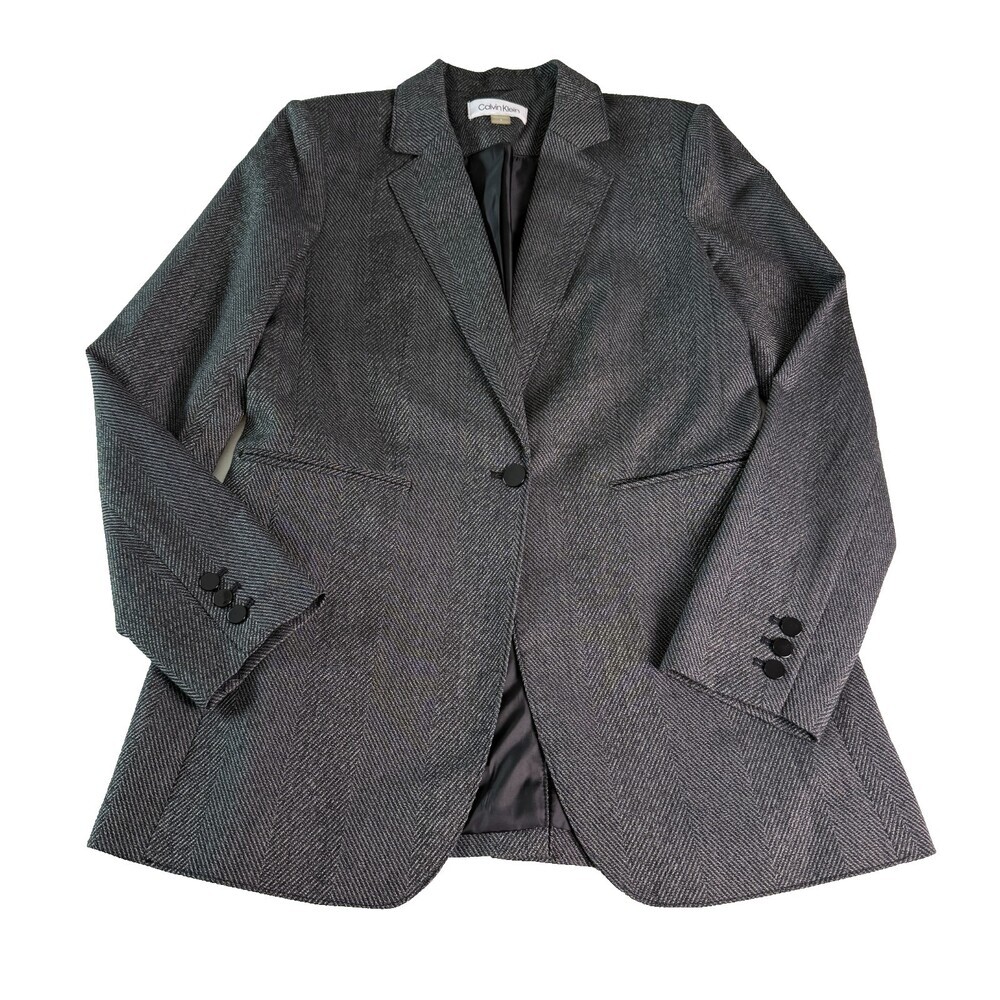 Calvin Klein Women's Herringbone Blazer, Sz 6, Gray Single Button Notched Lapel - Picture 2 of 16